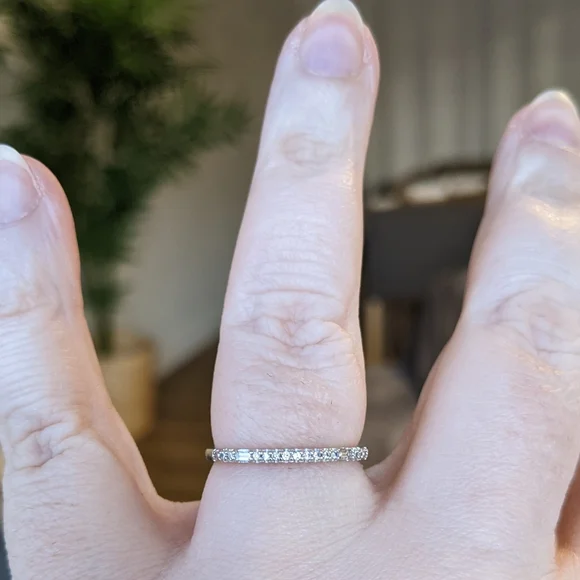10K White Gold Round And Emerald Cut Diamond Half Eternity Ring - Picture 7 of 12